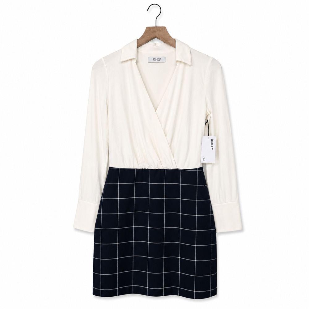 NWT Bailey 44 Hayden Faux Wrap Front Dress Windowpane Size Medium Navy Ivory